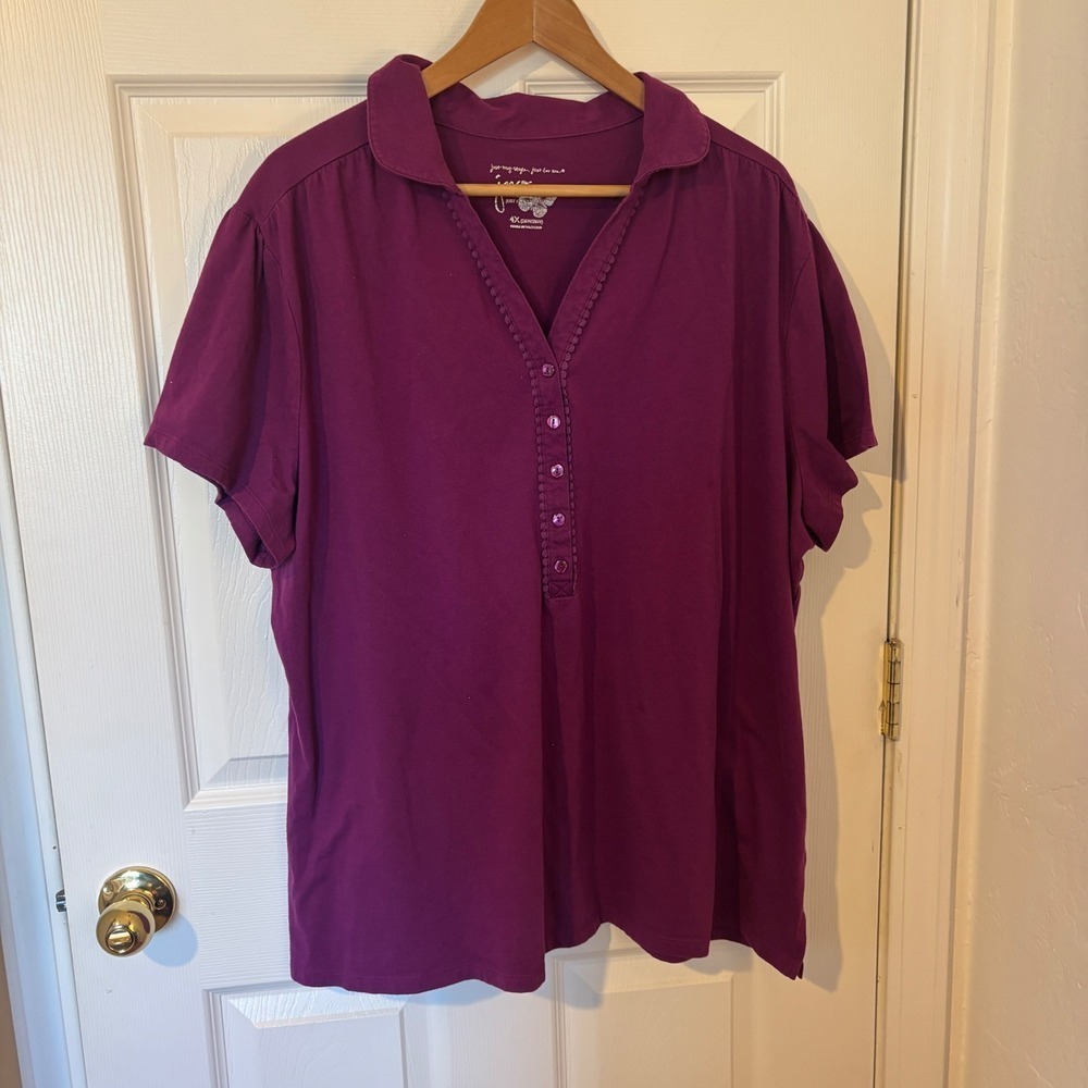 JMS Just My Size Womens 4X Plum Purple Short Sleeve V-Neck Polo Shirt Plus Size - Picture 2 of 5